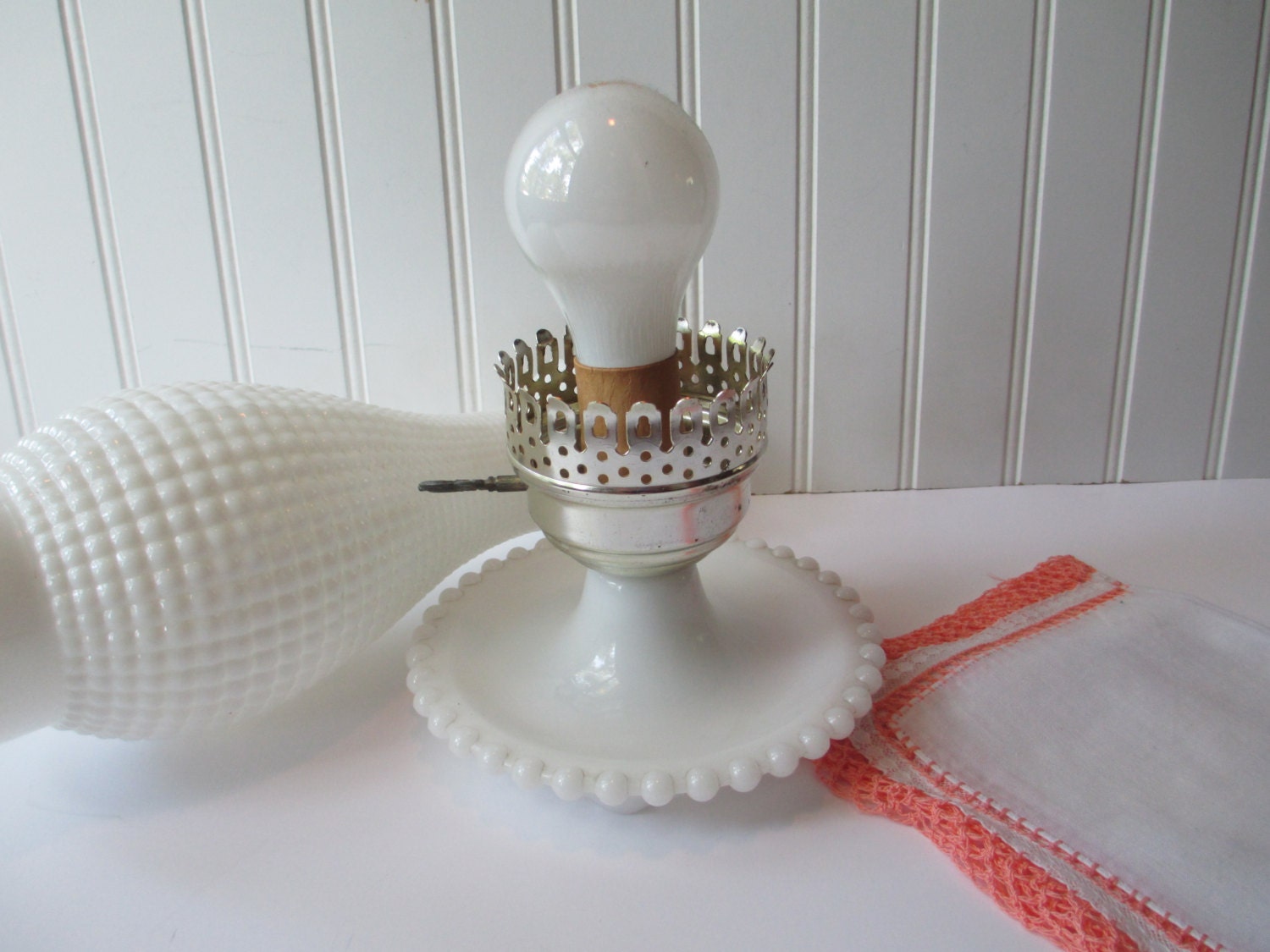 Vintage Milk Glass Hobnail and Brass Two Piece Lamp