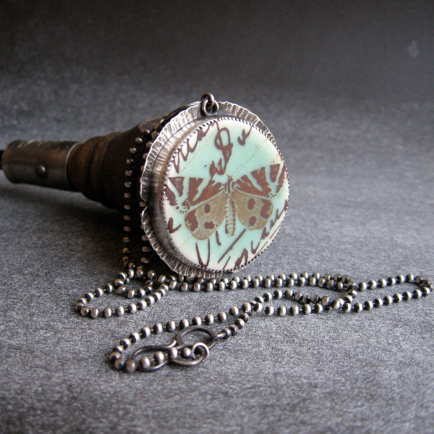 PENDANT sterling silver floret edge celadon porcelain with butterfly
