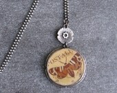 PENDANT sterling silver floret edge honey porcelain with butterfly
