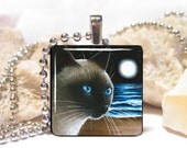 Wood Art Pendant 1x1 Cat 396 Siamese Jewelry Necklace from art painting by L.Dumas