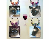 Set of 4 Wine Charms Glass 1x1 inch Cats 3 Siamese from original art by Lucie Dumas