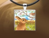 Handmade Glass Pendant Tray Hare 26 rabbit bird Necklace art painting by L.Dumas