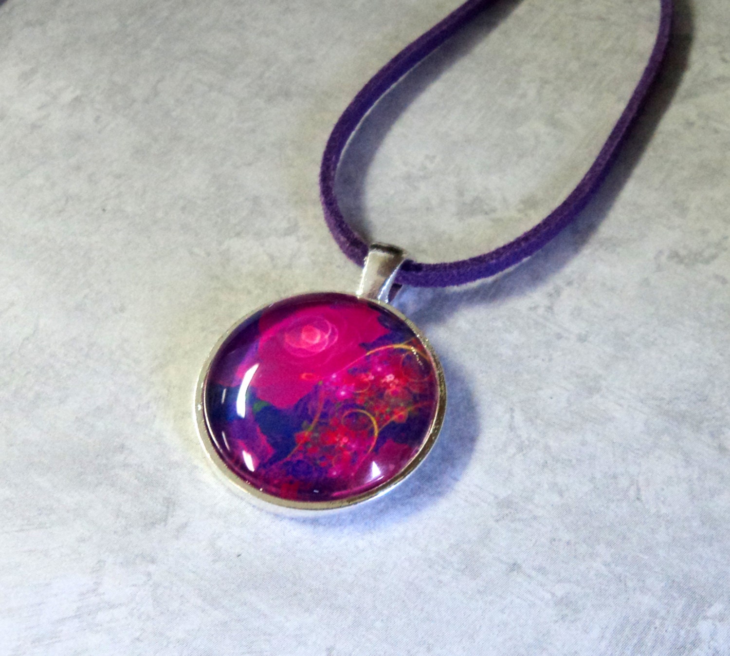 SALE Necklace Abstract Roses Round Glass Cab Pendant Purple Leather Cord 20 Inch