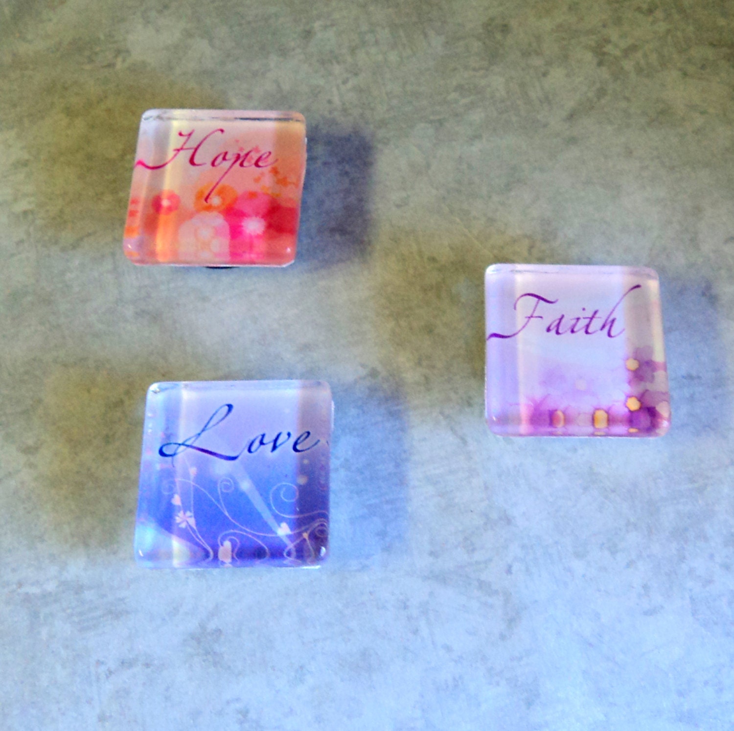 Square Glass Magnets Set of 3 Colorful Flowers Faith Hope Love