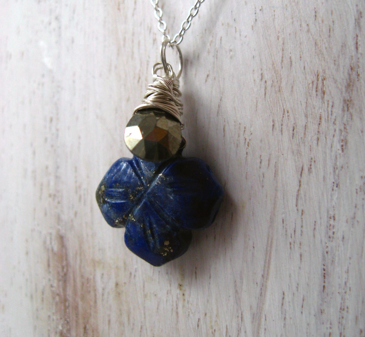 Lapis Lazuli Pendant - Metallic Pyrite and Blue Carved Gemstone Necklace - Wire Wrapped - Sterling Silver - Gift Box