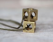 Industrial Cubes Pendant Set - Geometric Machine Cut Raw Brass Cubes - Brass Chain - Squares, Circles - Gift Box