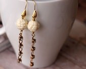 Ivory Rhinestone Earrings - Dangles with Vintage Clear Swarovski Crystal Chain - Gold Brass - Vintage Cream Beads - Wedding