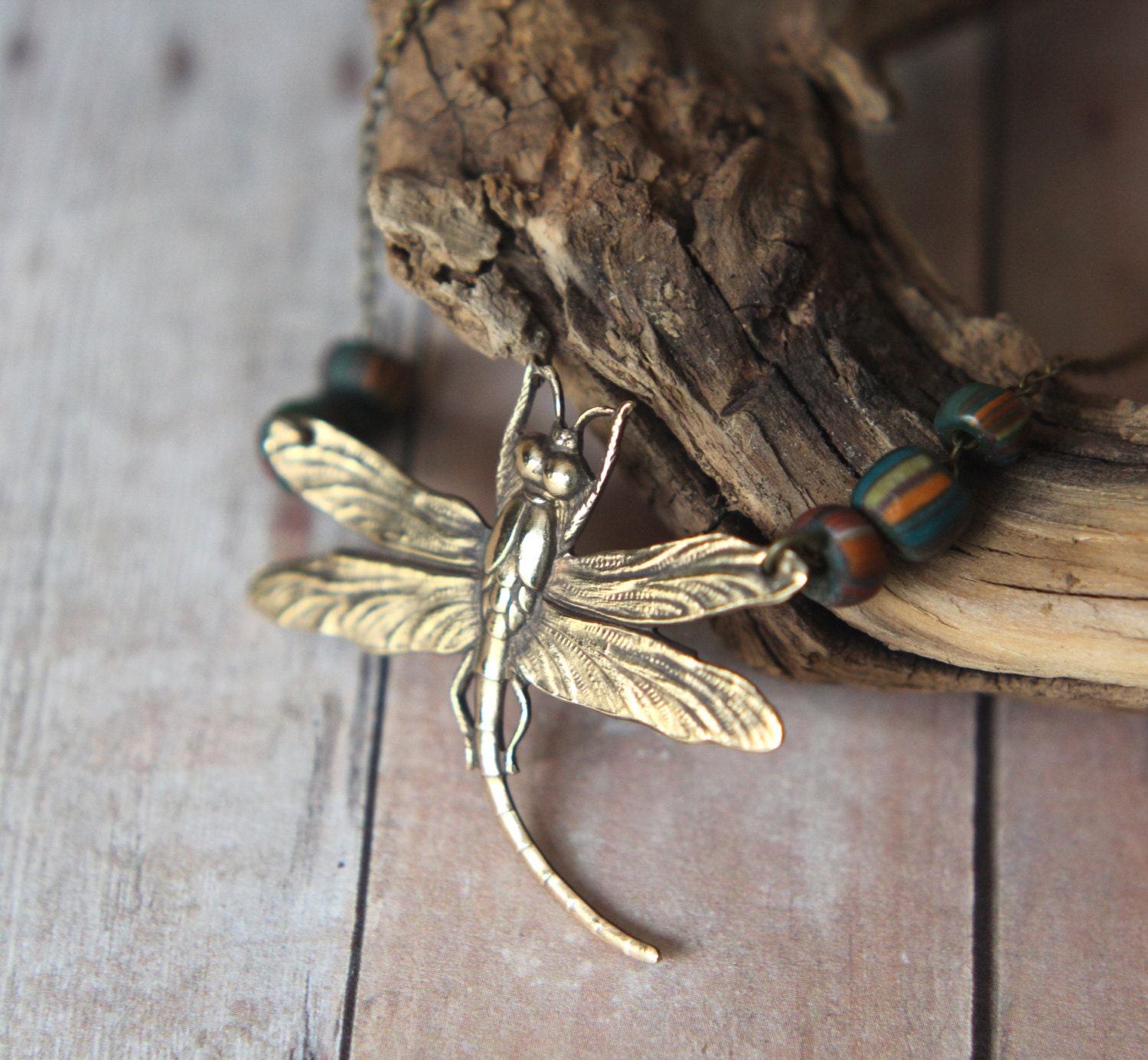 Dragonfly Pendant - Boho Bohemian Necklace Teal Green Glass Beads - Antiqued Brass - Insects, Natural History, Bugs - Gift Box