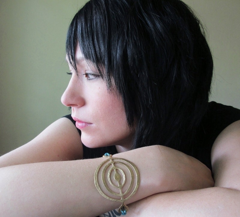 Gold Circles Bracelet - Crop Circles Cuff - Hammered Brass - Metallic Teal Leather Cord - Concentric Circles - Unisex - Gift Box