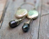 Pearl Earrings - Peacock Teardrop Dangles, Freshwater White Coins - Sterling Silver Wire Wrapped - Purple, Ivory - Wedding - Gift Box