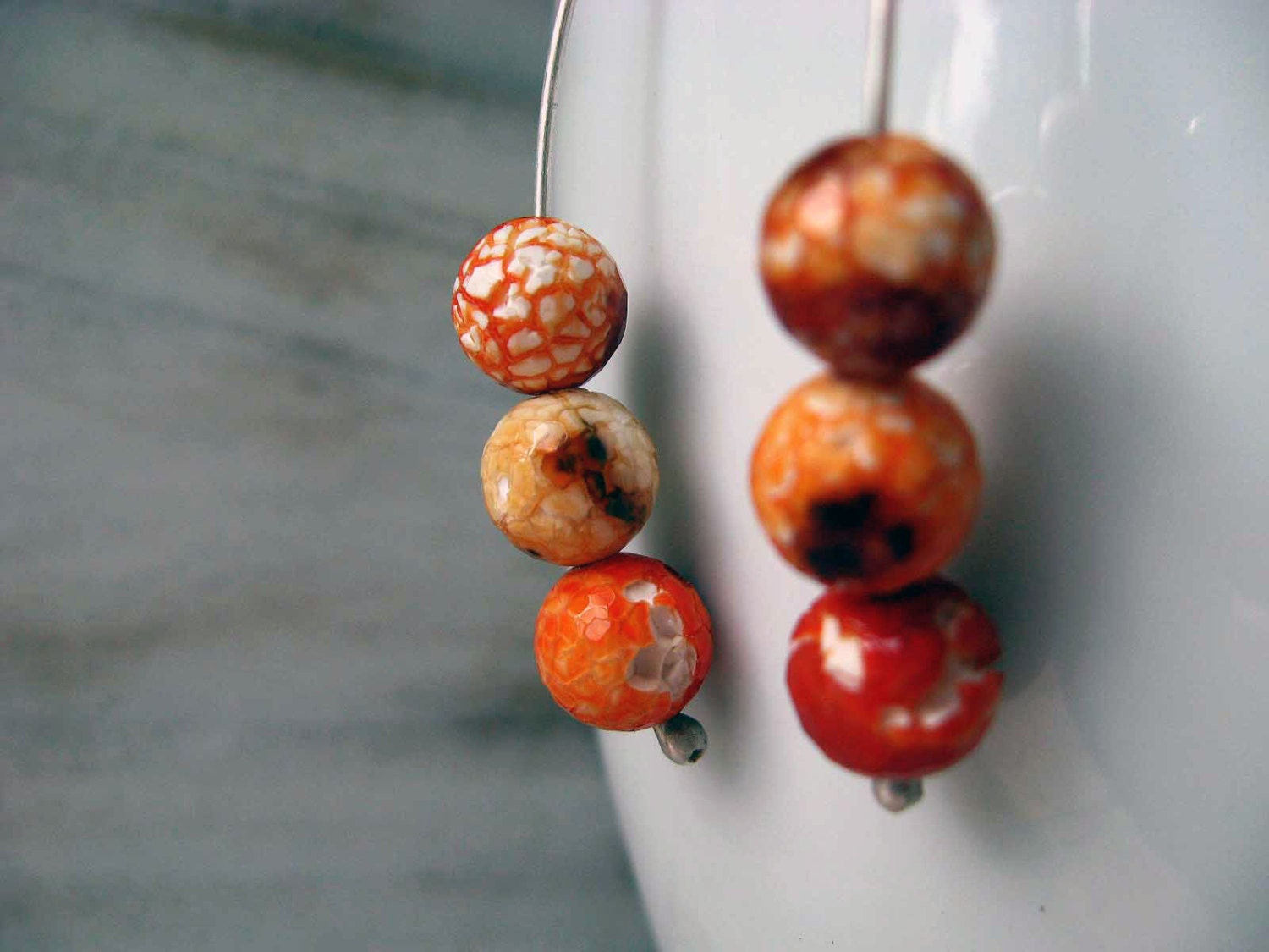 Sterling Silver Firework Agate Earrings -  Long Earwire Dangles - Orange Crackled Gemstone - Gift Box - Unique Gift for Her - Under 50