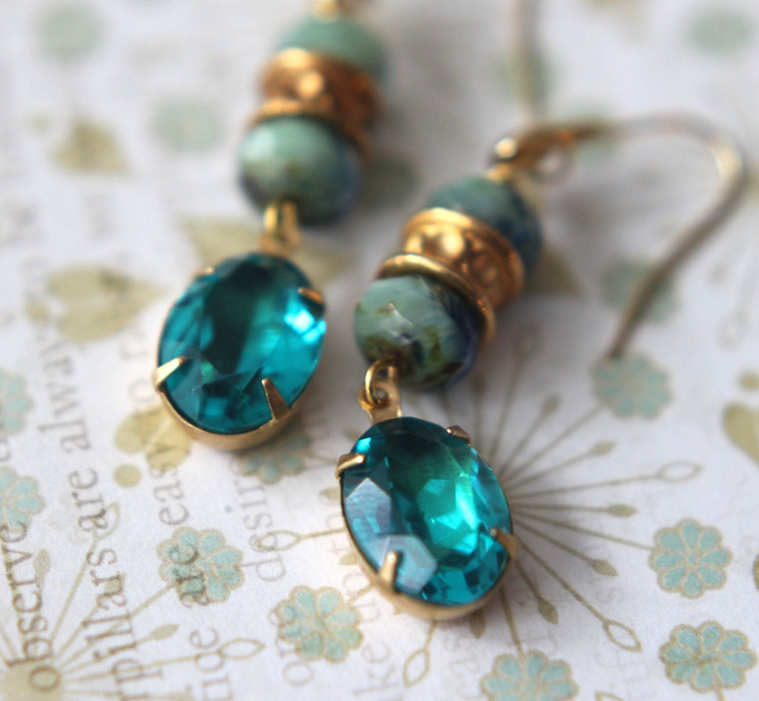 Peacock Blue Earrings - Teal Blue, Emerald Green Faceted Crystal Dangles - Gold Brass - Czech Glass - Spring Fashion - Gift Box