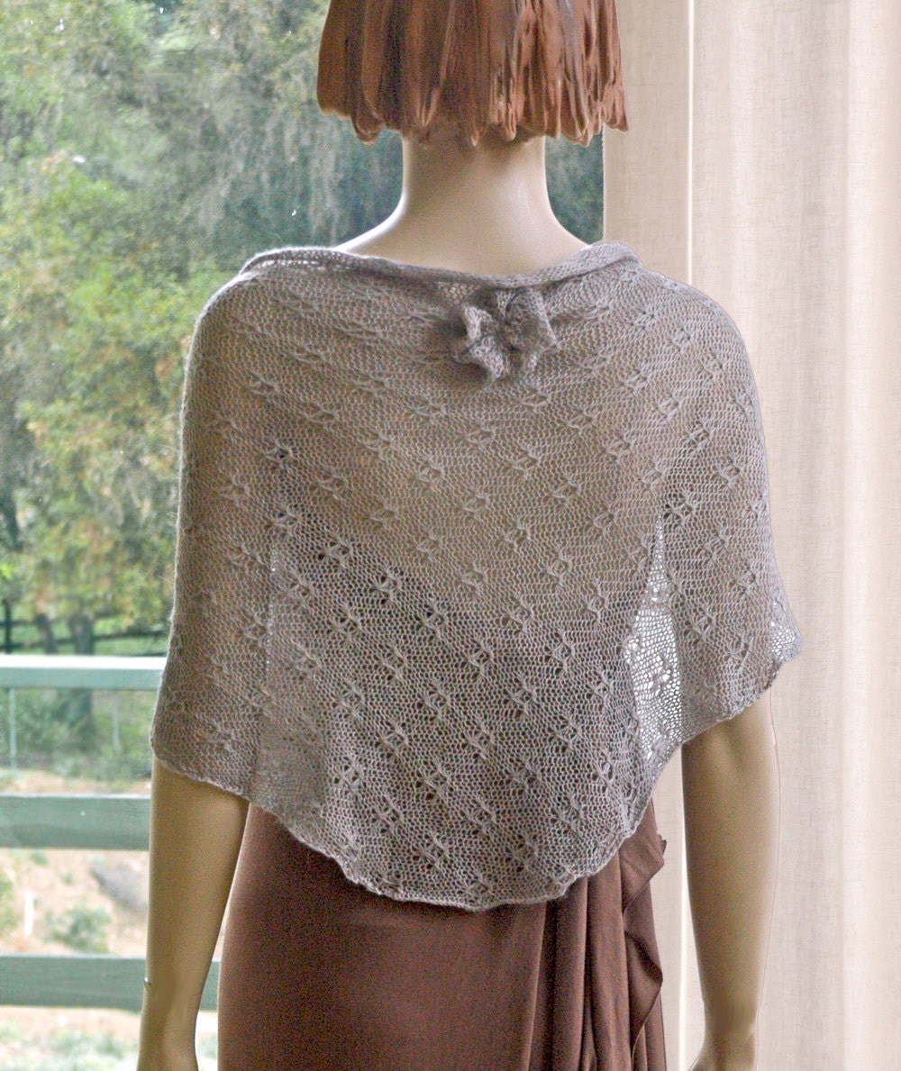 Curved Shawl Stole Capelet Cashmere Mohair Wrap Dove Grey Romantic with Knit Rosette Pin Light Gray