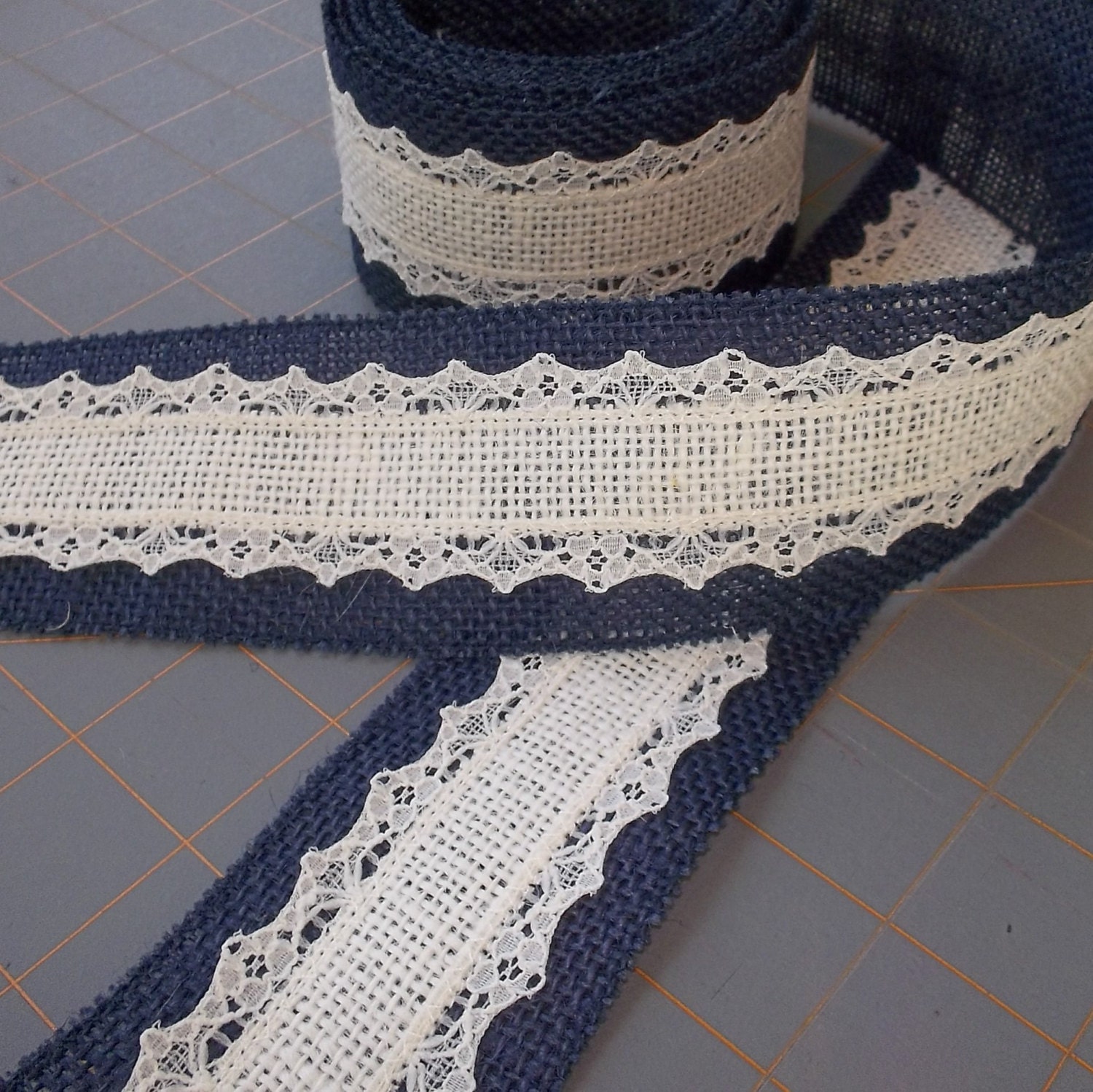 Navy Burlap with ivory Burlap and Ivory Lace Ribbon - 2 inch x 3 yards