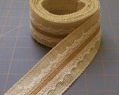 Beige and Natural Burlap with Lace Ribbon - 2 inch x 3 yards