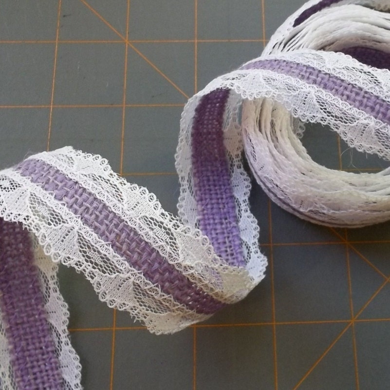 Lavender Burlap with White Lace Ribbon - 1 inch x 3 yards