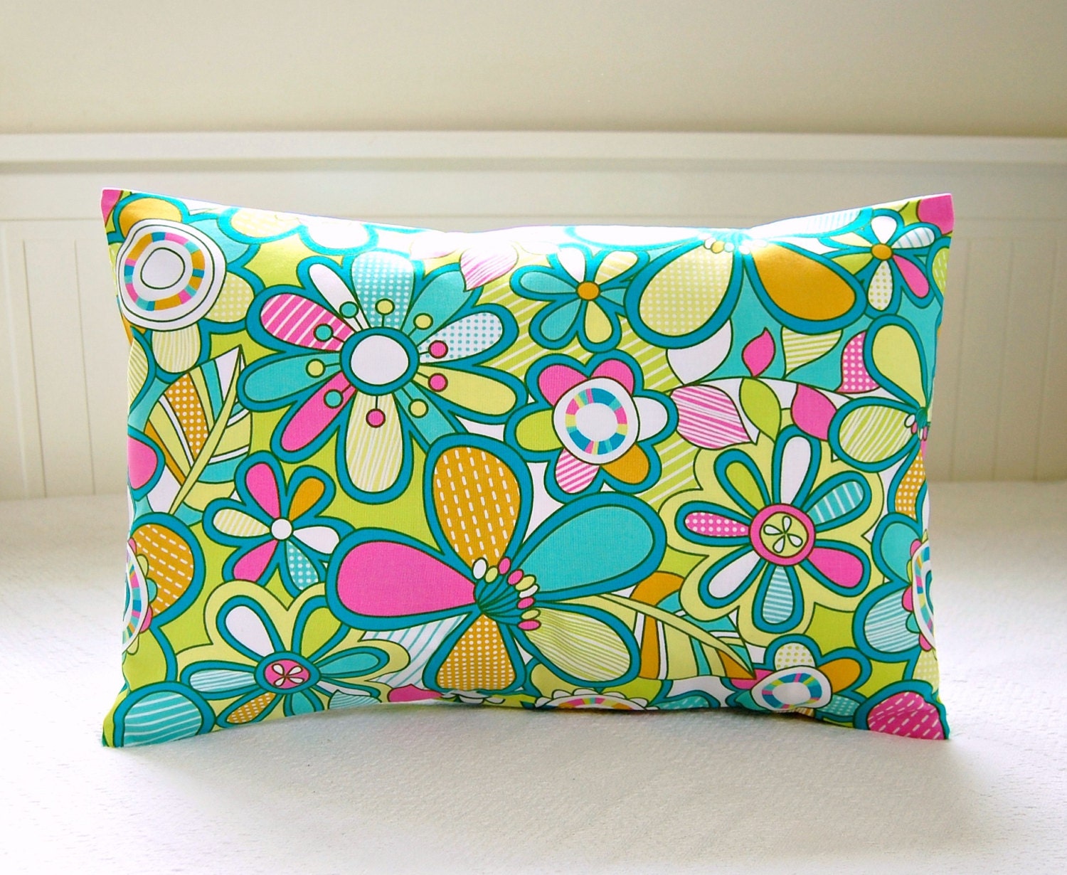 decorative pillow cover 12 x 18 inch lumbar retro style cushion cover, blue lime pink flowers floral flowers