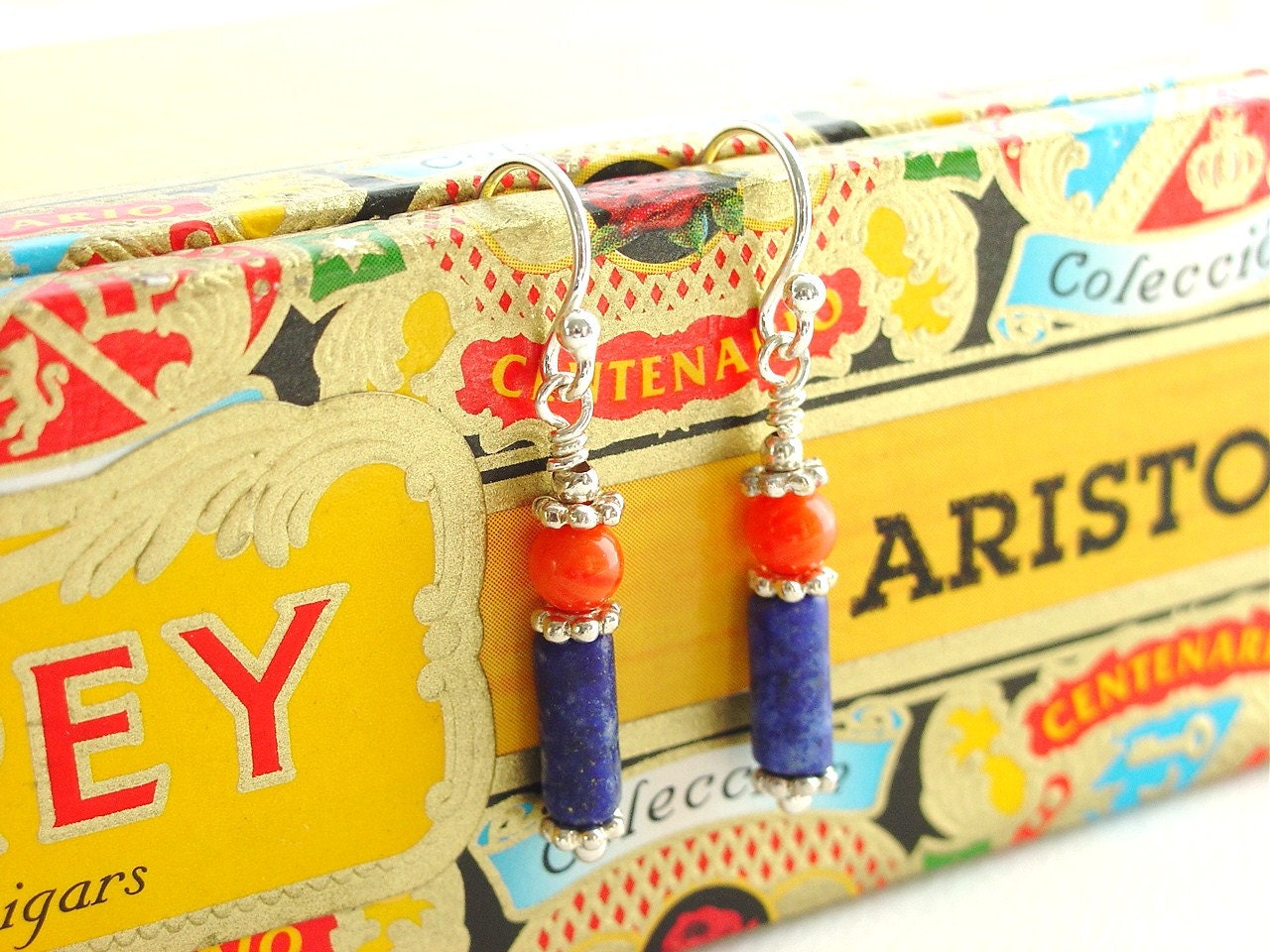 Lapis Lazuli and Genuine Coral Earrings Blue Orange and Sterling Silver Simple Classic Style