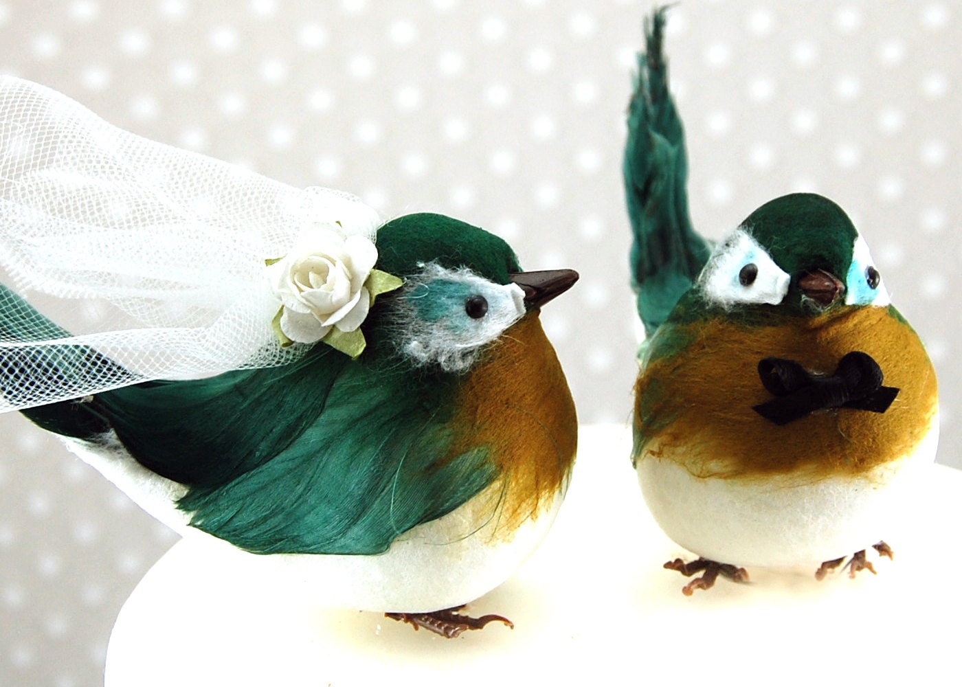 New and on Sale - Chipper Chickadee Love Birds Wedding Cake Topper: Rustic Bride & Groom Lovebirds in Mustard Yellow and Forest Green
