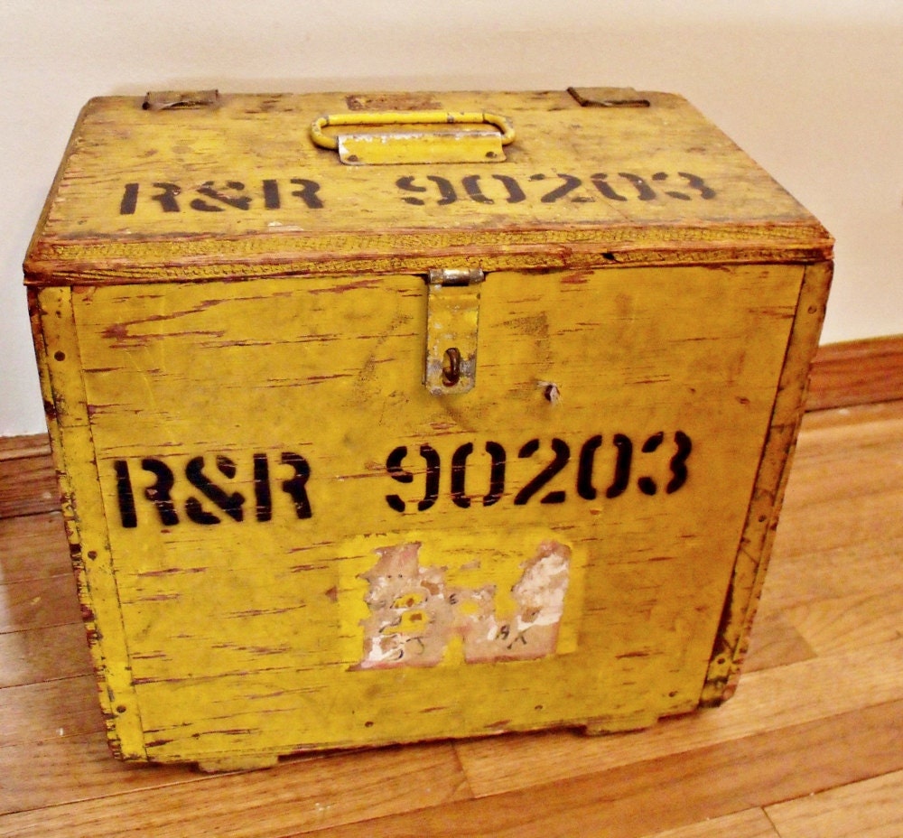 Painted wood chest - Small trunk - Military style - Stencils - Yellow - Industrial military surplus  - Radio - Field Telephone