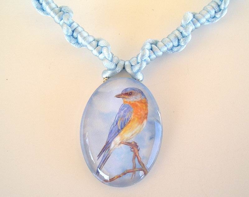 Bluebird Art Glass Pendant and Macrame Necklace