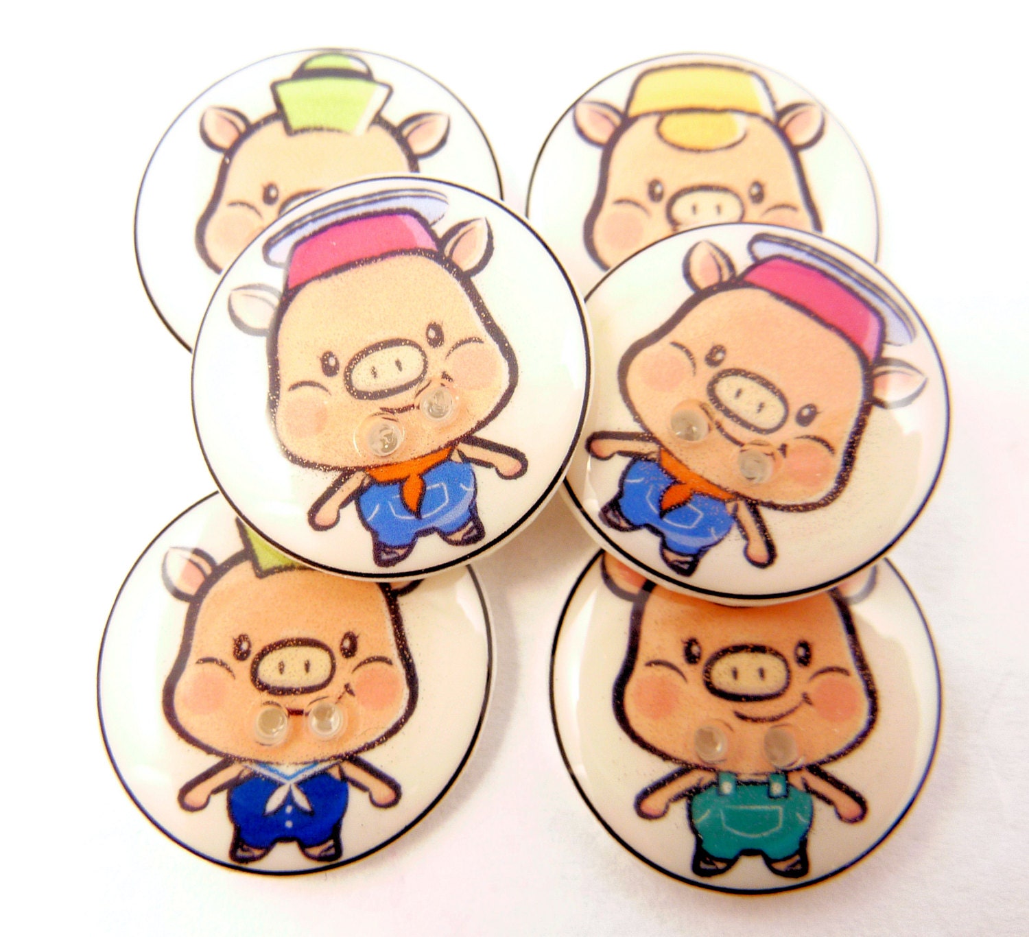 Three Little Pigs Buttons.  Set of Six.  Two of each Pig design. 3/4" or 20 mm round.