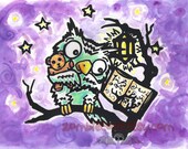 Hal the Cartoon Owl Screen Print HAND COLORED purple sky limited edition Night Book Teddy Bear cute hand pulled Art
