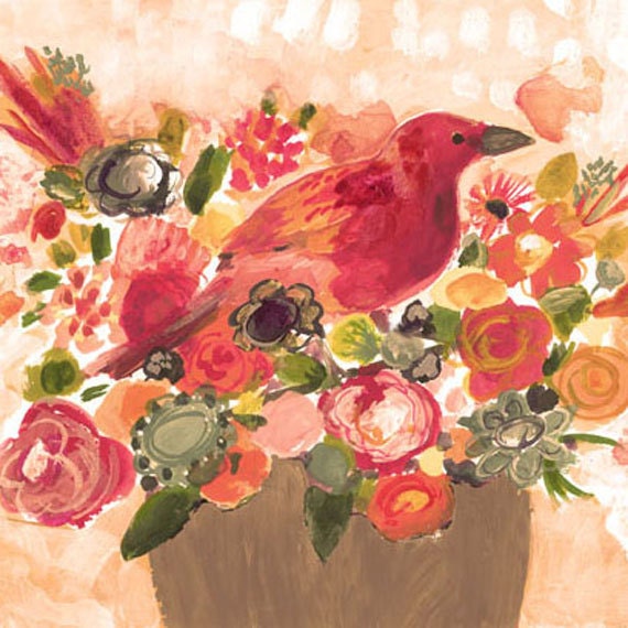 Bird on Vase with Flowers Archival Print