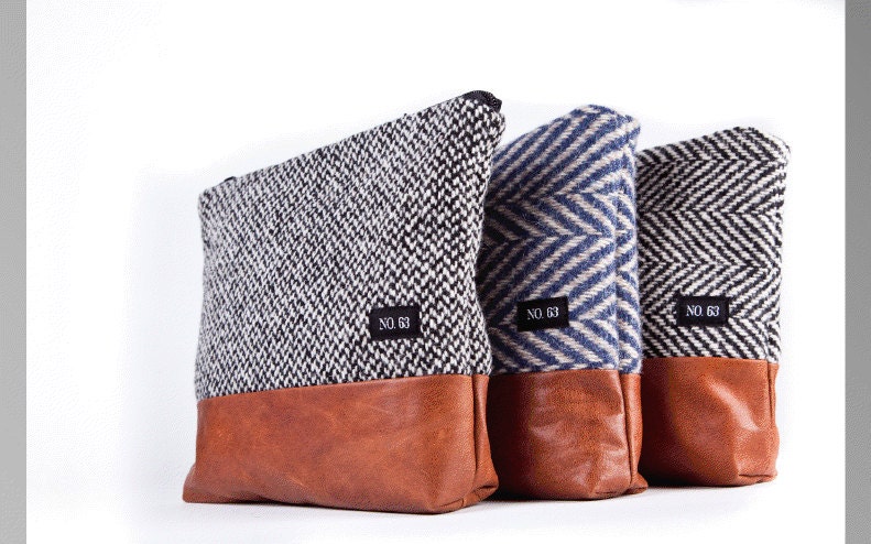 Light gray  upcycle wool clutch ,  IPad case , pouch