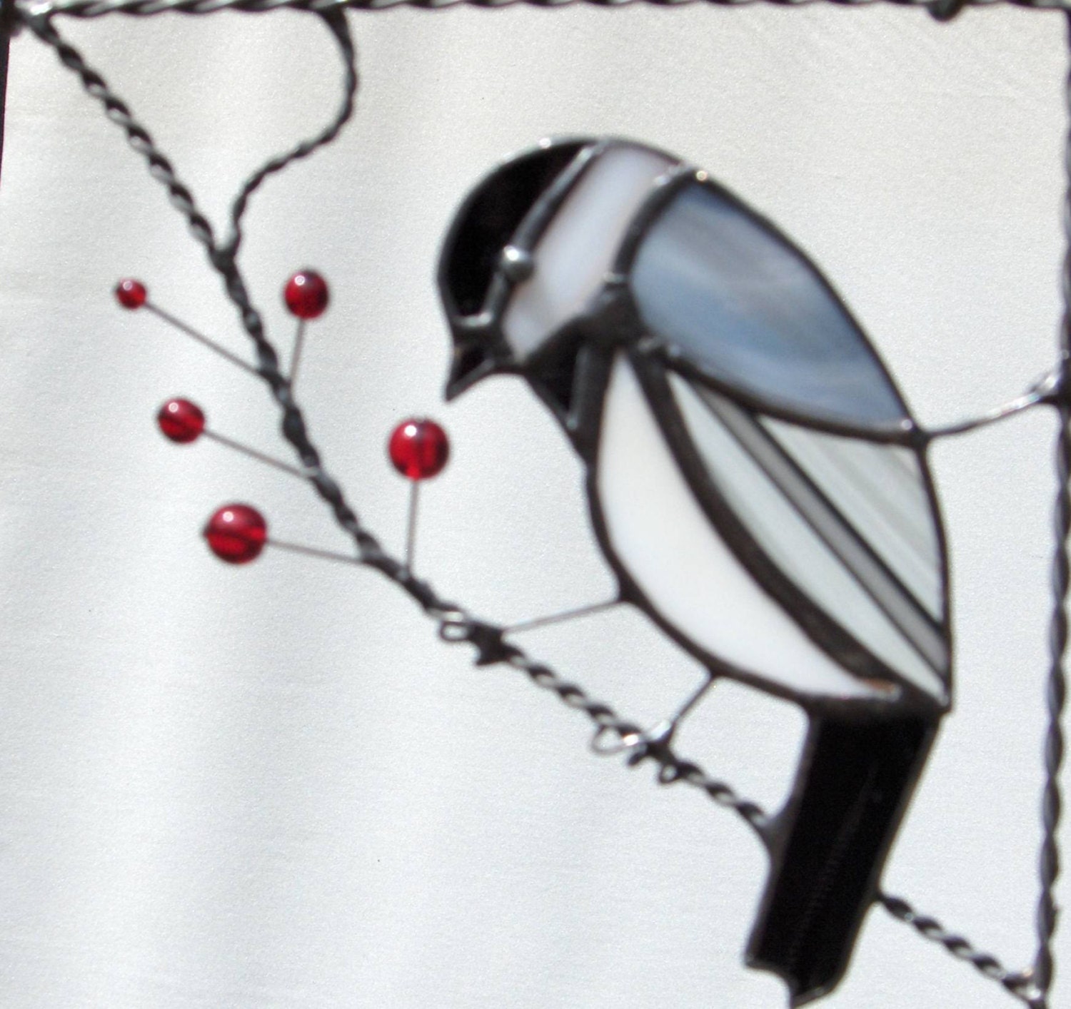 Chicadee bird / stained glass window corner/NEW Garnet berries