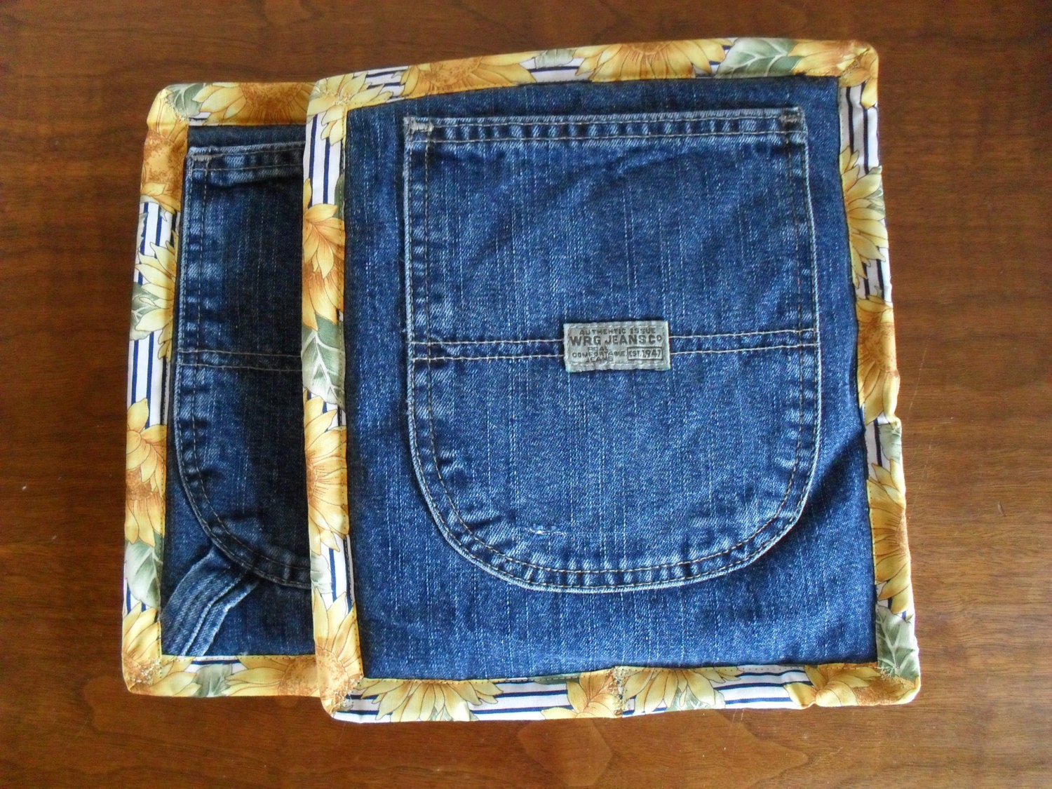 ReCycled Floral Denim Pair RePurposed Pocket PotHolders Hot Pads Pot Holders Handmade