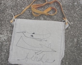 Messenger Bag, Small, Linen, with Leather strap and Birds freestyle Sewn on it