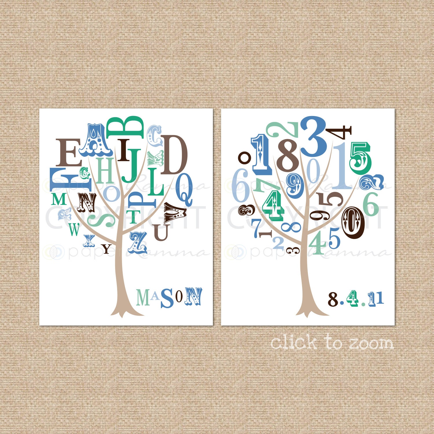 ABC and 123 Tree Prints featuring Name and Birth Date, Nursery / Kids Room Art Prints, Style: ABC and 123 Tree, - 8 x 10