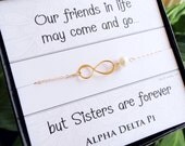 Sorority Sister gifts, CUSTOM CARDS with Sorority house name, Gold infinity bracelet with pearl, pearl bracelet, sisterhood