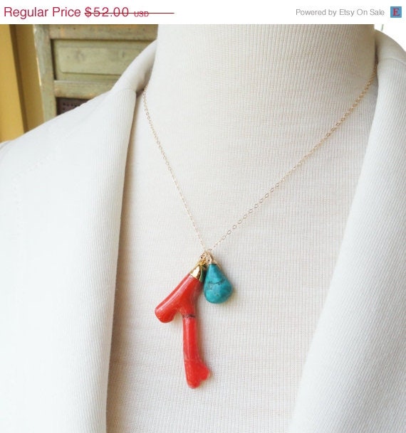 ON SALE Natural coral branch necklace, coral and turquoise necklace, gold fill, natural turquoise jewelry, coral jewelry, summer jewelry