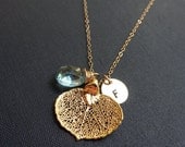 ON SALE Gold Leaf Necklace, Aspen leaf necklace, personalized jewelry with birthstone & initial, real leaf jewelry, mothers necklace