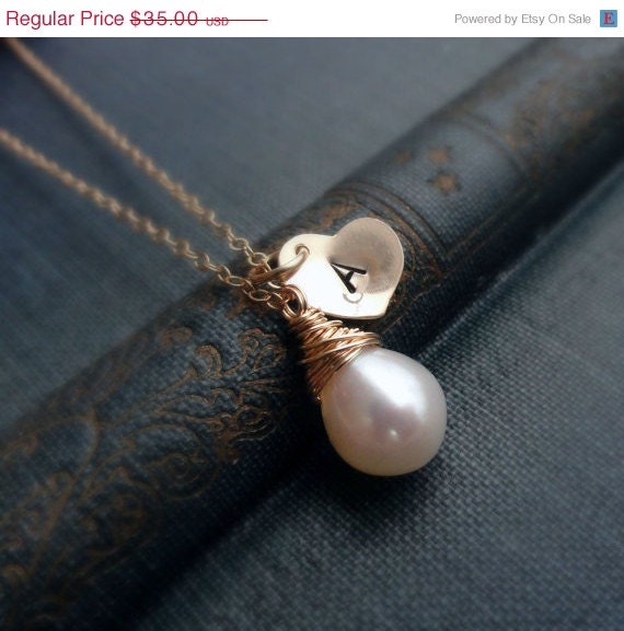 ON SALE PEARL Necklace with gold inital charm, personalized jewelry, freshwater pearl solitaire necklace, gold heart necklace, Bridesmaid G