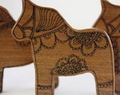Illustrated Dala Horse Wood Brooch - Repurposed Timber Wood Eco - Handcrafted