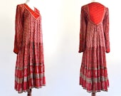 70s Vintage Starina India Ethnic Boho Hippie Cotton Gauze Gypsy Festival Maxi Dress  . XS . S . L005