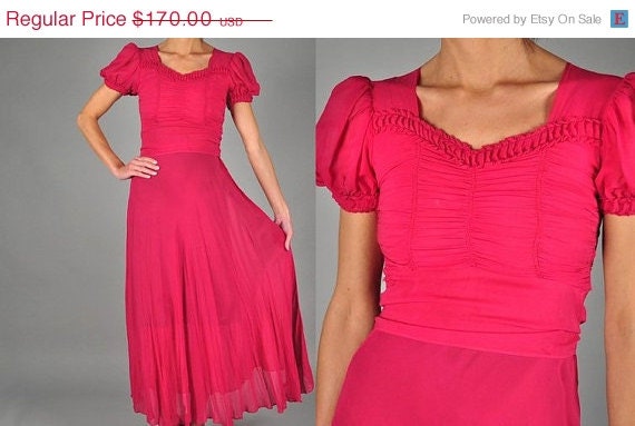 25% Off Sale Vintage 1930s Dress, 30s Dress silk art deco sheer gathered full skirt magenta pink