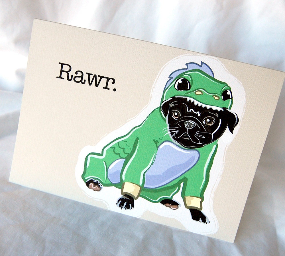 Lil Dragon Pug Greeting Card - Black Pug