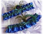 Peacock Wedding Garters - Teal Royal Blue Bridal Something Blue Garters - Peacock Feathers Wedding Bridal Accessories