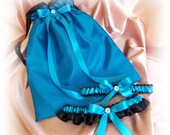 Black and Turquoise Wedding Bridal Drawstring Bag and Garter Set, Something Blue Bridal Set, Lingerie Bag