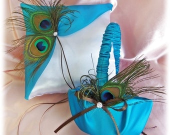 Peacock Pillow Basket - Turquoise Peacock Feathers Weddings Ring Pillow Flower Girl Basket -  Peacock Weddings Ceremony Accessories Decor