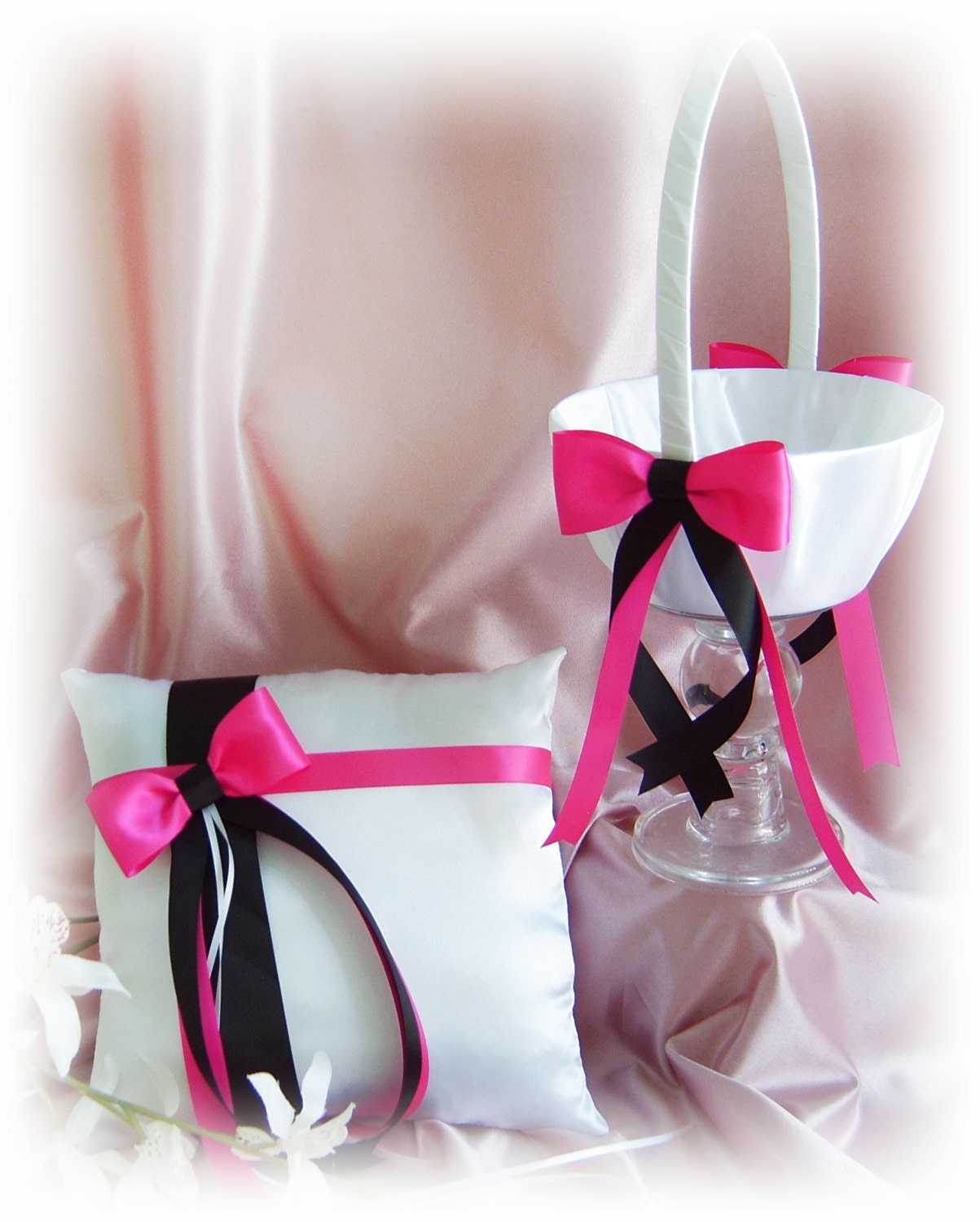 Fuchsia and Black Weddings Flower Girl Basket and Ring Bearer Pillow Set, hot pink and black wedding, Etsy Weddings