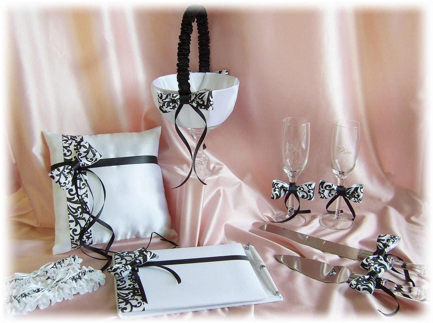 Damask Weddings basket, pillow, guest book, cake set, flutes, garters, Black and White 9pc set