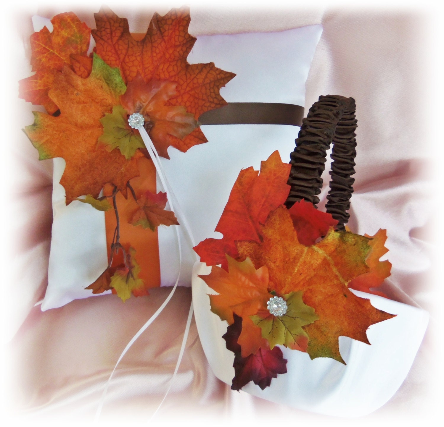 Fall Leaves Wedding Pillow Basket - Wedding Ring Bearer Pillow Flower Girl Basket - Chocolate Brown Burnt Orange - Autumn Weddings Decor