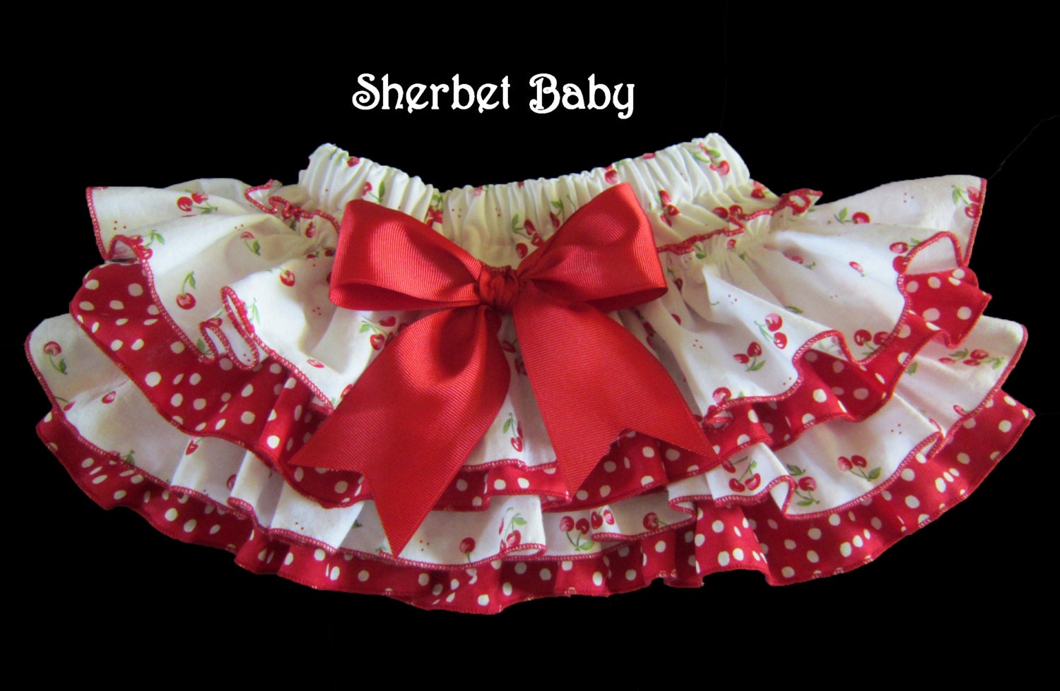 Cherries & Red Polka Dots  Four Ruffle Sassy Pants Diaper Cover Bloomer Skirt Fabric Tutu