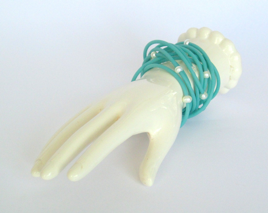 modern pearl wrist wrap, teal wrap bracelet,  pearl and rubber bangle, edgy fashion,