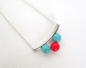 teal and red necklace, single strand spring fashion, poppy red everyday jewelry - frankideas